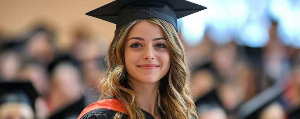 A graduate smiles at the camera, wearing a cap and gown at a commencement ceremony.