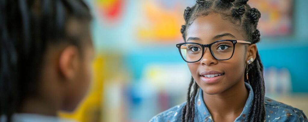 A person wearing glasses and a blue patterned shirt looks thoughtfully at another individual.