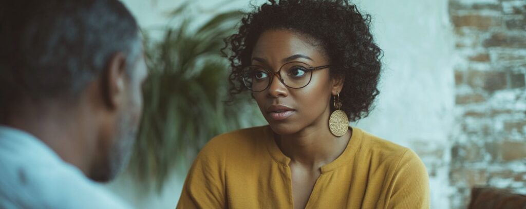 A woman with glasses and curly hair listens attentively to a man indoors.