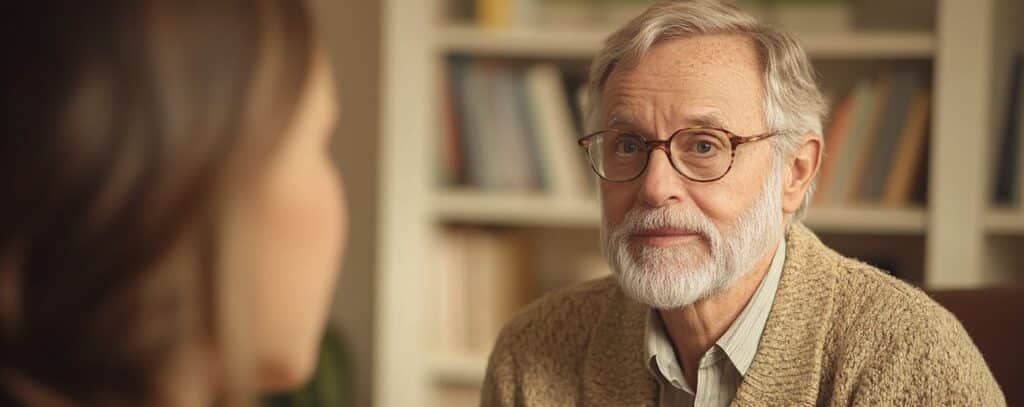 An elderly man with glasses listens attentively to a woman in a cozy room with bookshelves in the background.