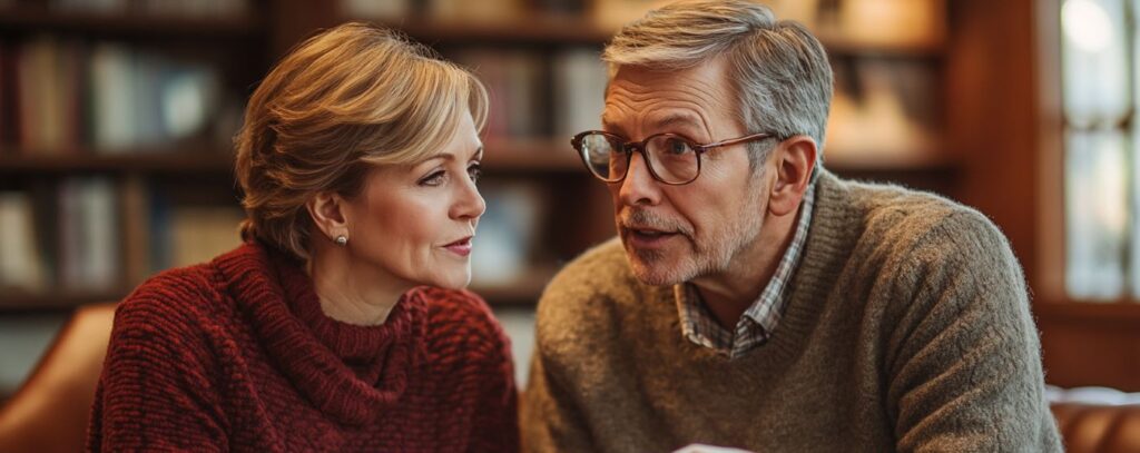 A man and woman in cozy sweaters talk in a warmly lit library setting.