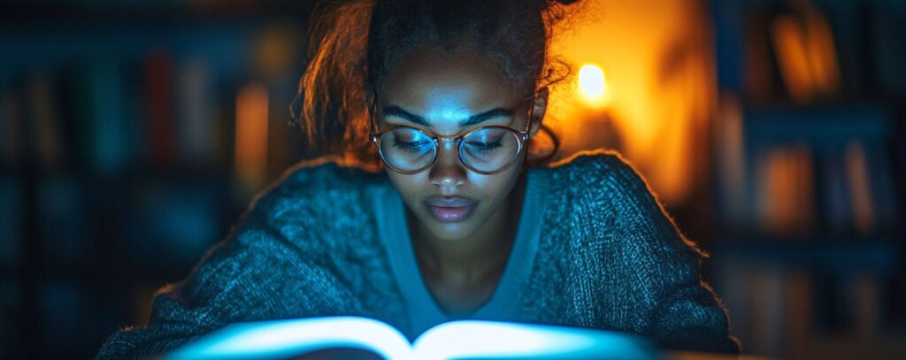 A person wearing glasses reads a book in dim lighting, with warm light glowing in the background.