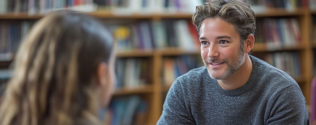 Two people having a conversation in a library, with shelves of books in the background.