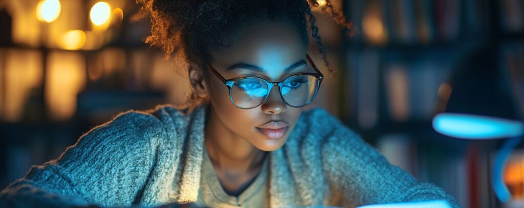 Person with glasses focused on reading a book at a desk, surrounded by a cozy ambiance with warm lighting.