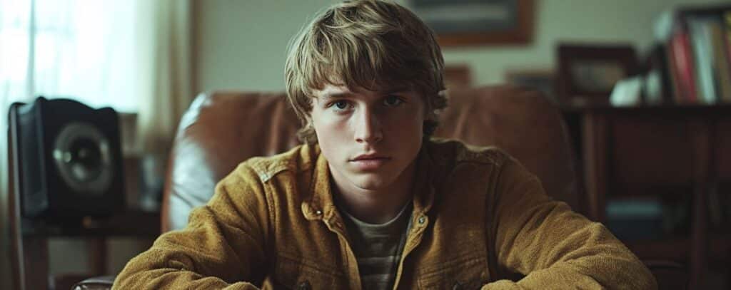 A person with medium-length hair sits on a couch, wearing a brown jacket and looking directly at the camera.