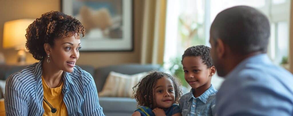 A family of four sits together in a living room, conversing and smiling.