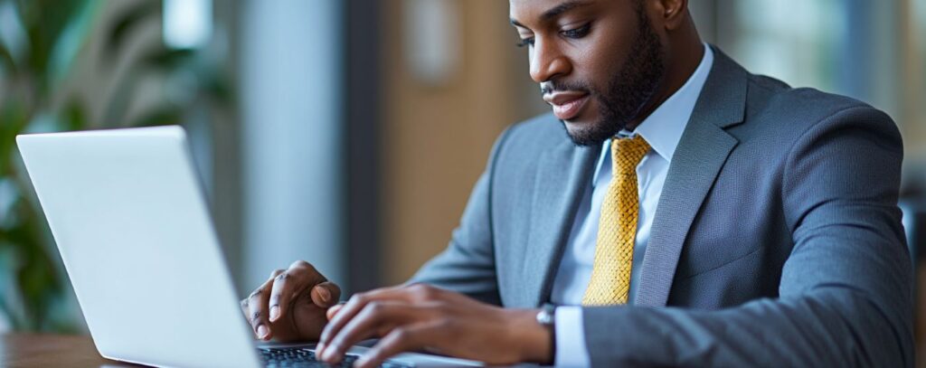 A man in a suit working on a laptop at a desk.