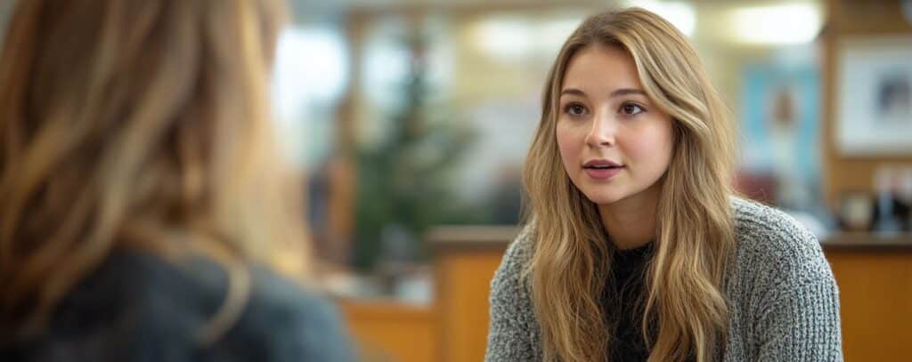 A woman with long hair talks to another person in an office setting.