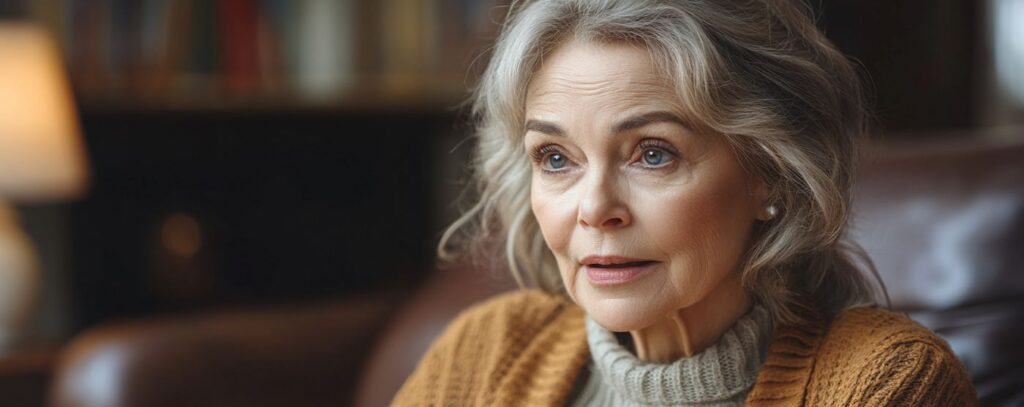 Elderly woman with gray hair and a thoughtful expression, wearing a brown sweater, sitting in a cozy room.