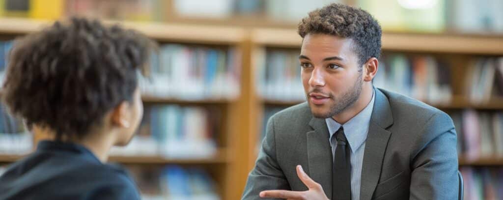 Two people having a conversation in a library; one wearing a suit, the other with curly hair, slightly blurred.