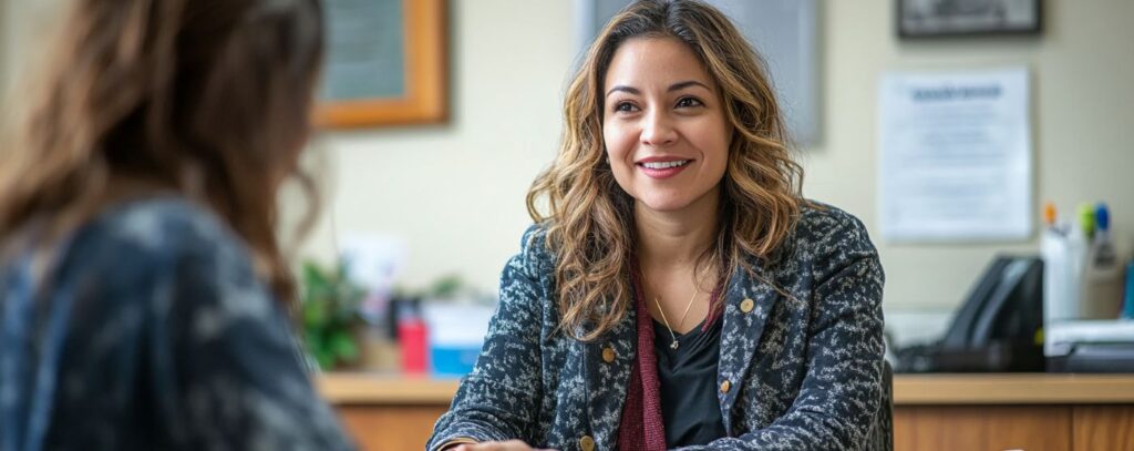 Smiling woman in an office setting, sitting at a desk and talking with another person.