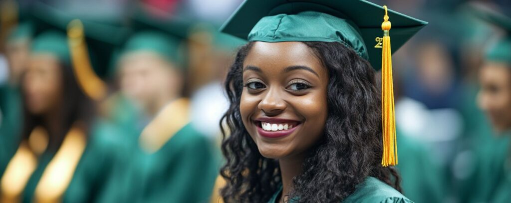 A graduate in a green cap and gown smiles brightly at a ceremony, with others blurred in the background.