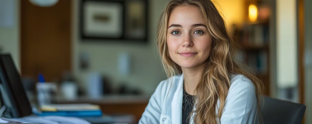 Smiling woman in a white coat sitting at a desk in a warmly lit office or study.