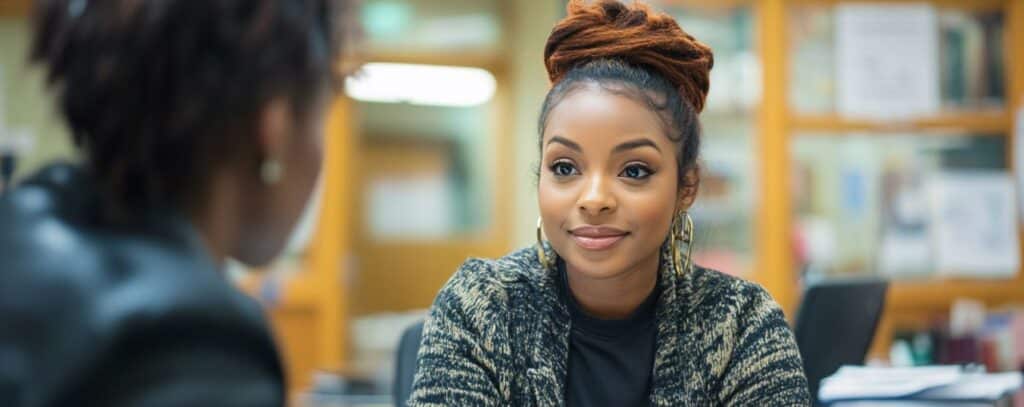 A woman with braided hair listens attentively to another person in an office setting.