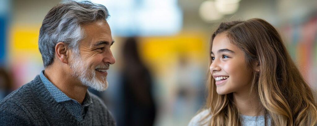 A smiling older man with gray hair and a young girl with long brown hair are facing each other indoors.