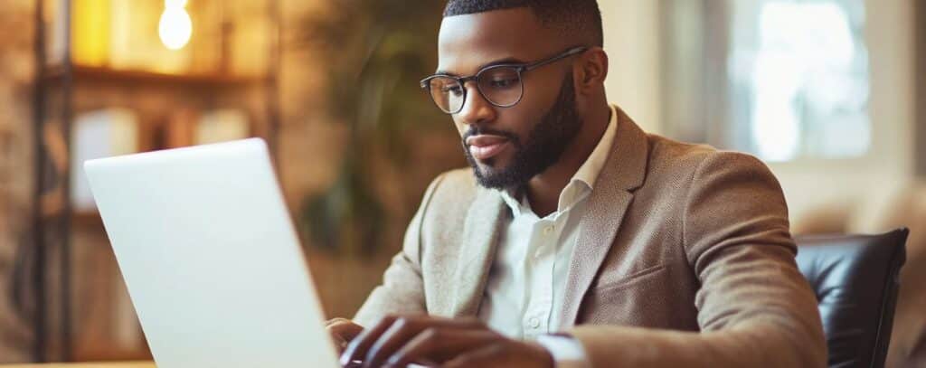 Man in a brown blazer working on a laptop at a desk, with a blurred background.