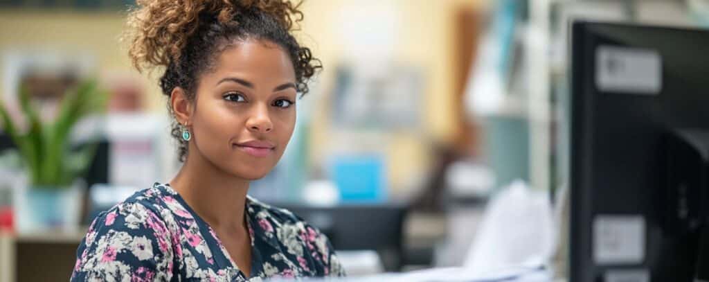 Woman with curly hair, wearing a floral top, sitting at a desk, looking at the camera with a soft smile.