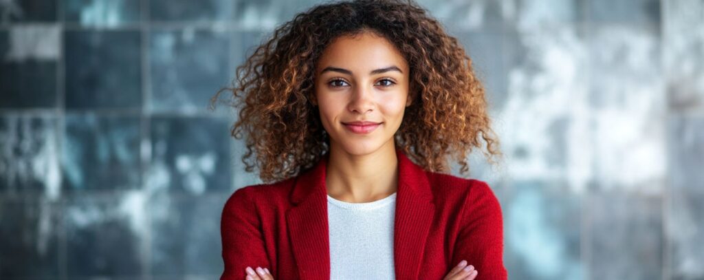 Young woman with curly hair in a red jacket smiles, standing against a gray tiled background.