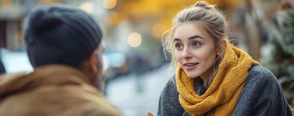 Woman in a yellow scarf talking to a man in a beanie on a city street with blurred autumn trees in the background.