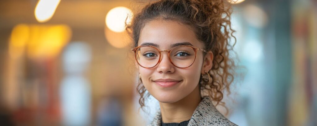 A woman with curly hair and glasses smiles at the camera, standing in a softly lit indoor setting.