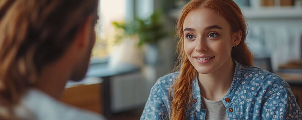 Two people having a conversation, one with long red hair smiling, in a cozy, well-lit room.