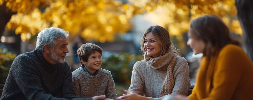 Family enjoying a conversation in a park during autumn, surrounded by golden leaves.