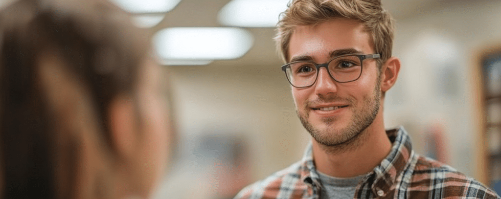 A man wearing glasses and a plaid shirt smiles at a woman in a softly lit indoor setting.