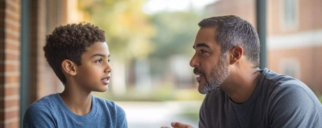 A man and a boy have a thoughtful conversation in a sunlit indoor setting.