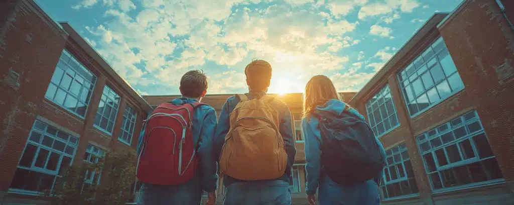 Three students with backpacks stand in a school courtyard, looking up at a bright sky filled with clouds.